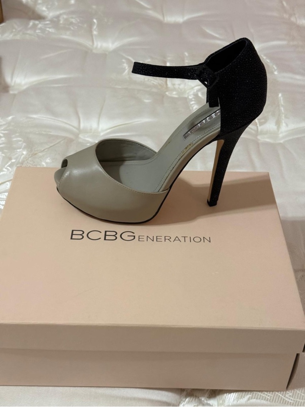 BCBGeneration Two-Tone Peep-Toe Ankle Strap Pump in Gray and Black